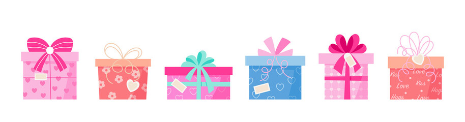Valentine vector gift boxes with ribbons isolated on white background. 14 February presents illustration set. Great for decorations, graphic element, cards, sale, banners, gift certificates.