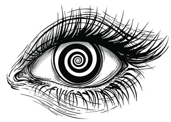 Isolated vector illustration of realistic human eye of a girl with spiral hypnotic iris. - obrazy, fototapety, plakaty