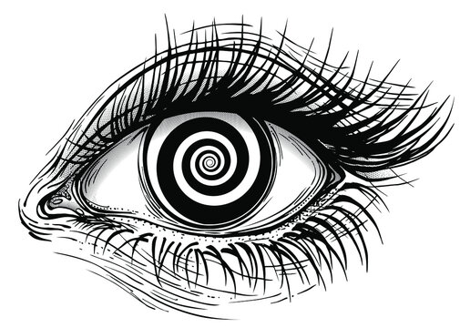 Isolated vector illustration of realistic human eye of a girl with spiral hypnotic iris.