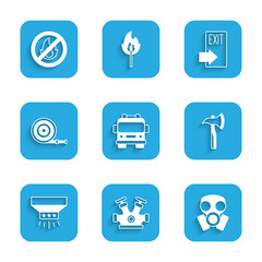 Set Fire truck, hydrant, Gas mask, Firefighter axe, sprinkler system, hose reel, exit and No fire icon. Vector