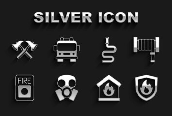Set Gas mask, Fire hose reel, protection shield, in burning house, alarm system, Firefighter axe and truck icon. Vector