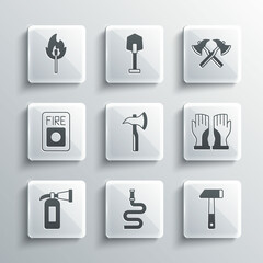 Set Fire hose reel, Hammer, Firefighter gloves, axe, extinguisher, alarm system, Burning match with fire and icon. Vector