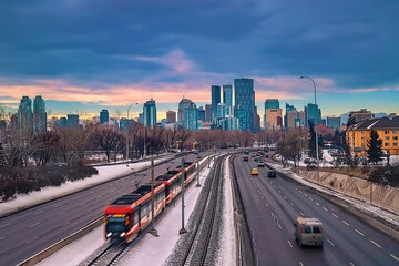 Fototapeta na wymiar Roads To Downtown Calgary In The Winter