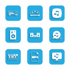 Set Home stereo with two speakers, MP4 file document, Music note, tone, synthesizer, Stereo, and Sound mixer controller icon. Vector