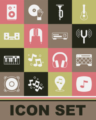 Set Music note, tone, Guitar amplifier, Musical tuning fork, Trumpet, Air headphones, Home stereo with two speakers, Stereo and Sound mixer controller icon. Vector