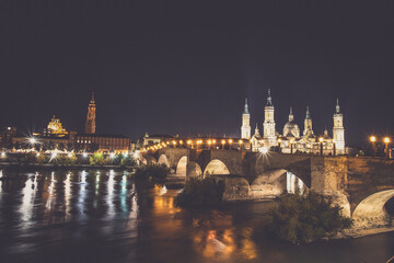 Basilica Del Pilar in Zaragoza in night illumination, Spain