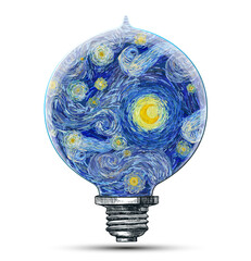 Concept design of a light bulb with inside a starry sky with glowing yellow moon isolated on white background. Vector illustration in the impressionist. style.