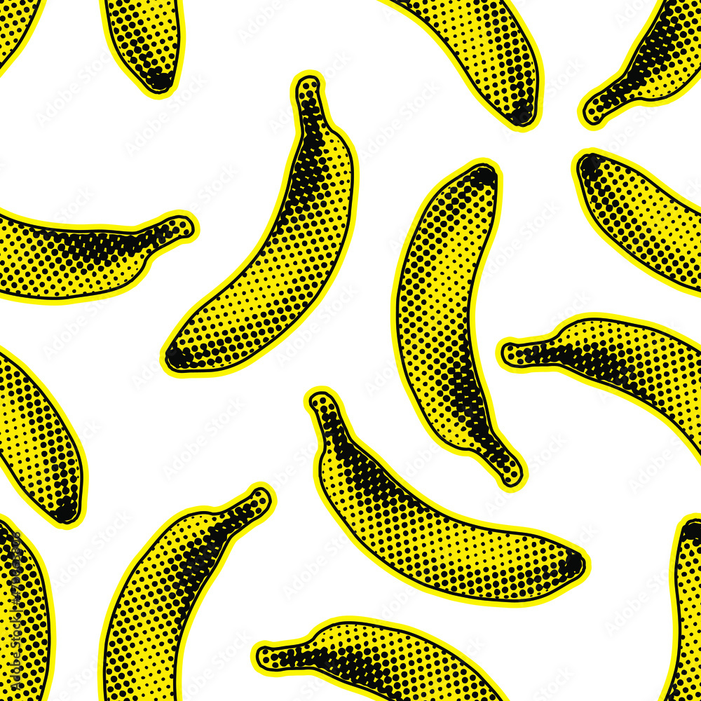 Poster seamless vector pop art pattern of yellow and black dot halftone bananas randomly scattered on light