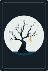 horror poster, of skeleton hanged on tree in moonlight