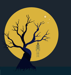 horror poster, of skeleton hanged on tree in moonlight