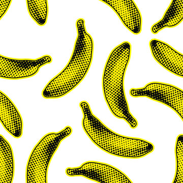 Seamless vector pop art pattern of yellow and black dot halftone bananas randomly scattered on light white background.