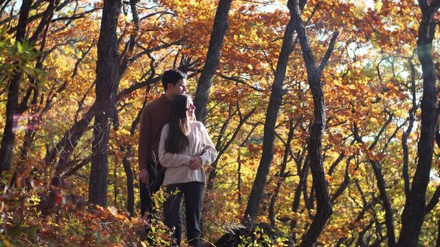 Young caucasian couple in love. Woman and man are embracing, smiling and enjoying each other in the beautiful park, yellow autumn trees on the background. Wonderful sunny day
