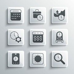 Set Sun, Magnifying glass with clock, Antique, Payday, calendar dollar, Alarm app mobile, Time management, Calendar and Stocks market growth graphs icon. Vector