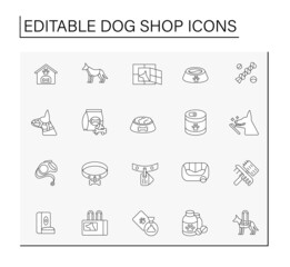  Dog shop line icons set. Special products for dogs. Care of pets. Shop concepts. Isolated vector illustrations. Editable stroke
