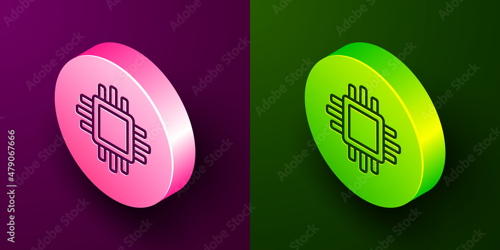 Aufkleber isometric line computer processor with microcircuits cpu icon isolated on purple and green backgroun