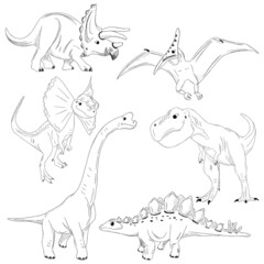 Graphic black and white dinosaurs sketch outline set. Hand-drawn dinosaurus isolated on white background, animals