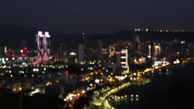 Izmir, Turkey - September 26, 2021: Night Landscape footage of Izmir bay. Folkart towers, Mistral tower, Ege Perla and the other skyscrapers in the scene.