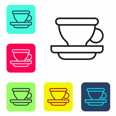 Black line Coffee cup icon isolated on white background. Tea cup. Hot drink coffee. Set icons in color square buttons. Vector