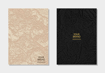 Vector set of cover design. Embossed convex multicolored backgrounds, grunge texture. Geometric 3D pattern. Modern collection of vertical templates.