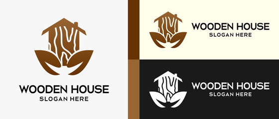 Wooden house logo with Premium Vector creative elements. house and leaf icon. vector illustration
