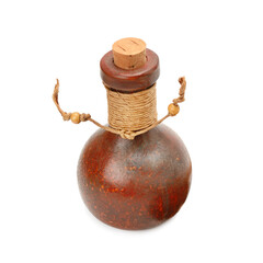 Old style clay oil bottle isolated on white .