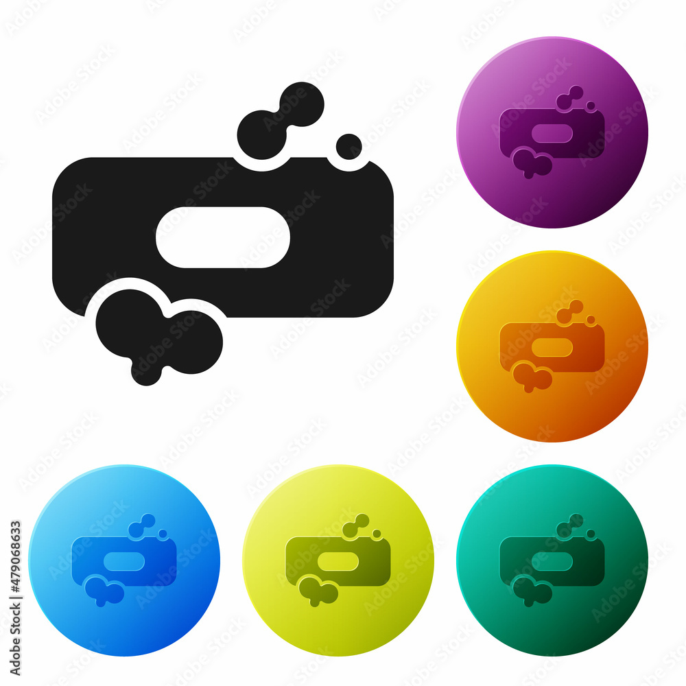 Poster black bar of soap icon isolated on white background. soap bar with bubbles. set icons in color circl