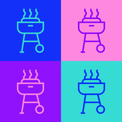 Pop art line Barbecue grill icon isolated on color background. BBQ grill party. Vector