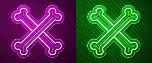 Glowing neon line Crossed bones icon isolated on purple and green background. Pets food symbol. Happy Halloween party. Vector