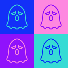Obraz premium Pop art line Ghost icon isolated on color background. Happy Halloween party. Vector