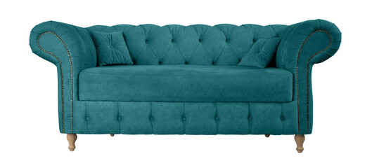 Teal suede sofa on wooden legs isolated. Teal couch isolated. Upholstered furniture for the living room