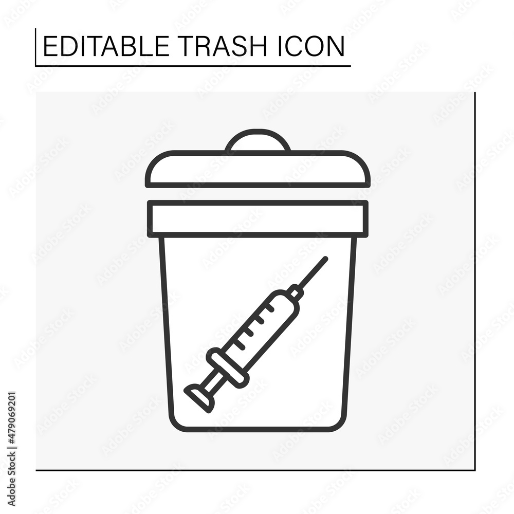 Poster utilization line icon. sorting. infection bag. put medical injections into the bin. ecology.trash co