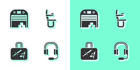 Set Headphones with microphone, Aircraft hangar, Suitcase and Airplane seat icon. Vector
