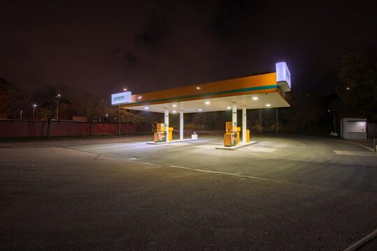 Gothenburg, Sweden - October 16 2021: Empty Preem gas station at night..