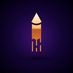 Gold Firework rocket icon isolated on black background. Concept of fun party. Explosive pyrotechnic symbol. Vector