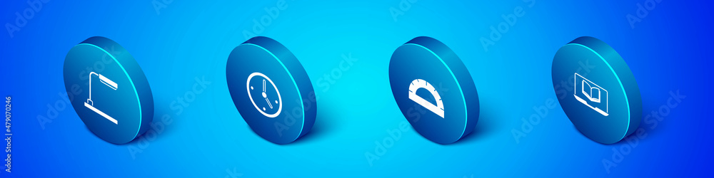 Poster set isometric table lamp, protractor grid, online class and clock icon. vector