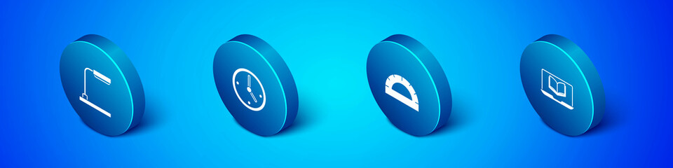 Set Isometric Table lamp, Protractor grid, Online class and Clock icon. Vector