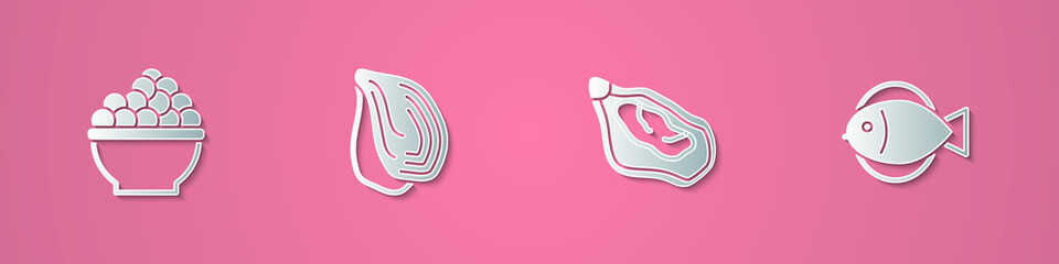 Set paper cut Caviar, Mussel, and Fish icon. Paper art style. Vector