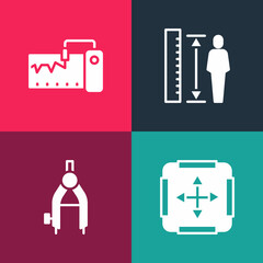 Set pop art Area measurement, Drawing compass, Measuring height body and instrument icon. Vector