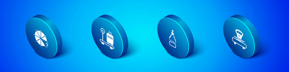 Set Isometric Circle of pieces, Drawing compass, Scales and with suitcase icon. Vector