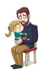 Illustration of father with his daughter sitting comforting her - obrazy, fototapety, plakaty