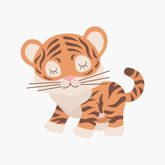 Scandinavian cute little baby tiger, symbol of 2022 new year. Hand drawn vector element for nursery decoration, birthday, children's party, poster, invitation, postcard, kids clothes, christmas decor