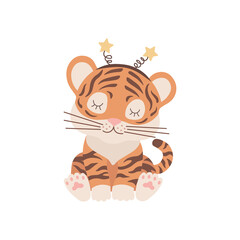 Scandinavian cute little baby tiger, symbol of 2022 new year. Hand drawn vector element for nursery decoration, birthday, children's party, poster, invitation, postcard, kids clothes, christmas decor