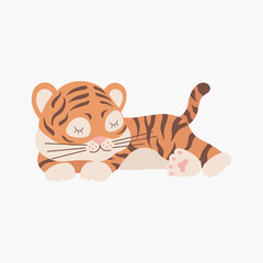 Scandinavian cute little baby tiger, symbol of 2022 new year. Hand drawn vector element for nursery decoration, birthday, children's party, poster, invitation, postcard, kids clothes, christmas decor