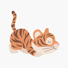Scandinavian cute little baby tiger, symbol of 2022 new year. Hand drawn vector element for nursery decoration, birthday, children's party, poster, invitation, postcard, kids clothes, christmas decor