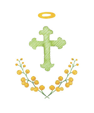 watercolor illustration of a cross for easter, composition for a postcard isolated on a white background, sticker, mimosa symmetry