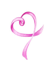 watercolor color illustration swirling pink ribbon in the shape of a heart isolated on white background, fantasy picture for valentine's day, postcard, sticker