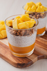 Close up chia seed pudding with fresh mango, granola in glass ready to eat. Healthy breakfast. Vegan food. Vertical orientation. Superfoods concept.