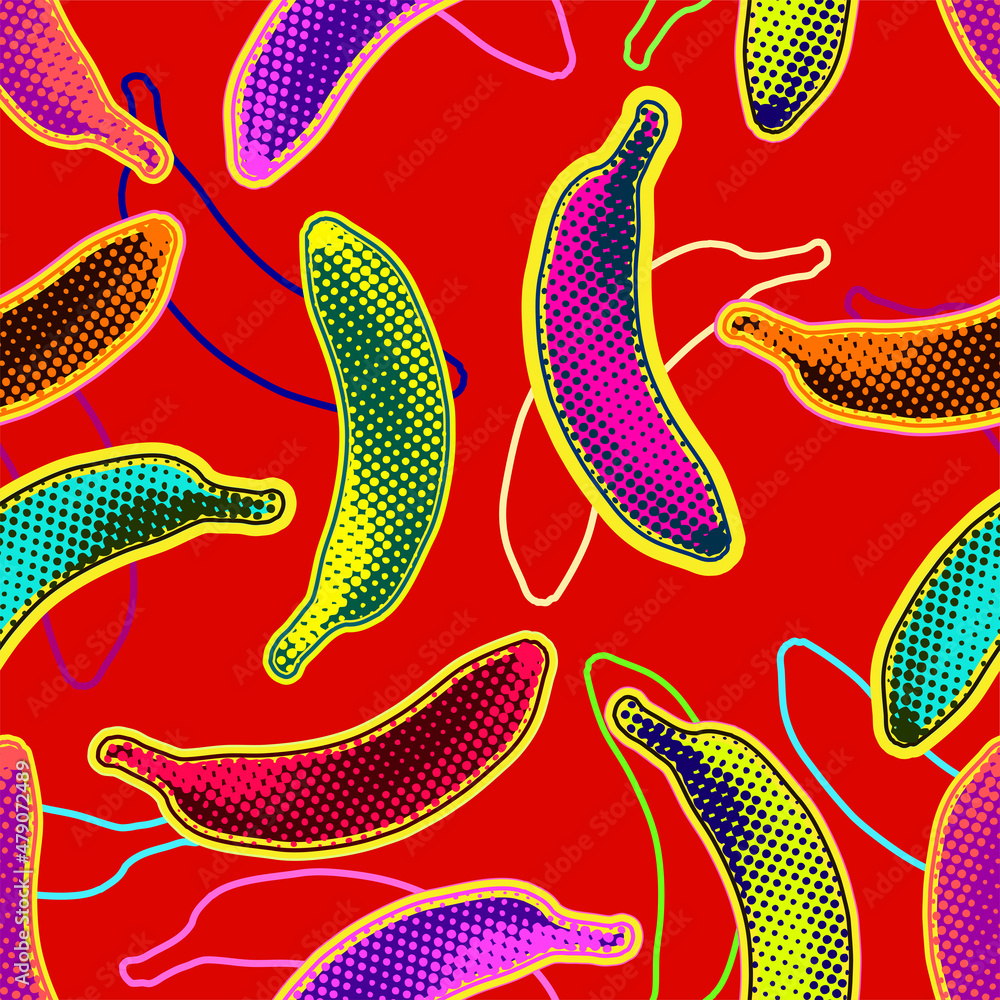 Aufkleber seamless vector pop art pattern of colorful psychedelic dot halftone bananas and line banana silhoue