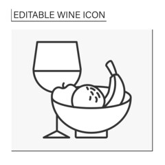 Taste compatibility line icon. Combine fruits and red wine. Apple, orange and bananas snack to increase and improve taste.Wine concept. Isolated vector illustration. Editable stroke