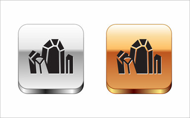 Black Gem stone icon isolated on white background. Jewelry symbol. Diamond. Silver and gold square buttons. Vector